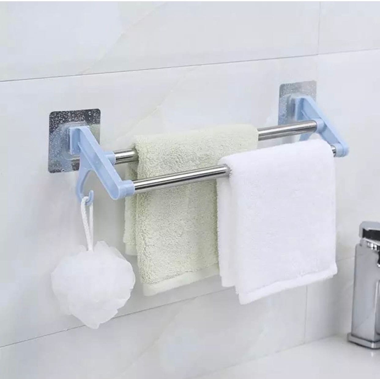 Stainless Steel Wall Mounted Double Shelf Bathroom Towel Rack, Self Adhesive Bath Wall Shelf with 2 Hooks, Wall Mounted Non Perforated Kitchen Utensils Rack Stainless Steel Wall Mounted Double Shelf Bathroom Towel Rack, Self Adhesive Bath Wall Shelf with 2 Hooks, Wall Mounted Non Perforated Kitchen Utensils Rack